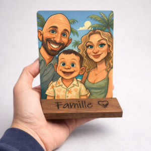 Portrait personnalisé sur plaque aluminium avec socle bois gravé